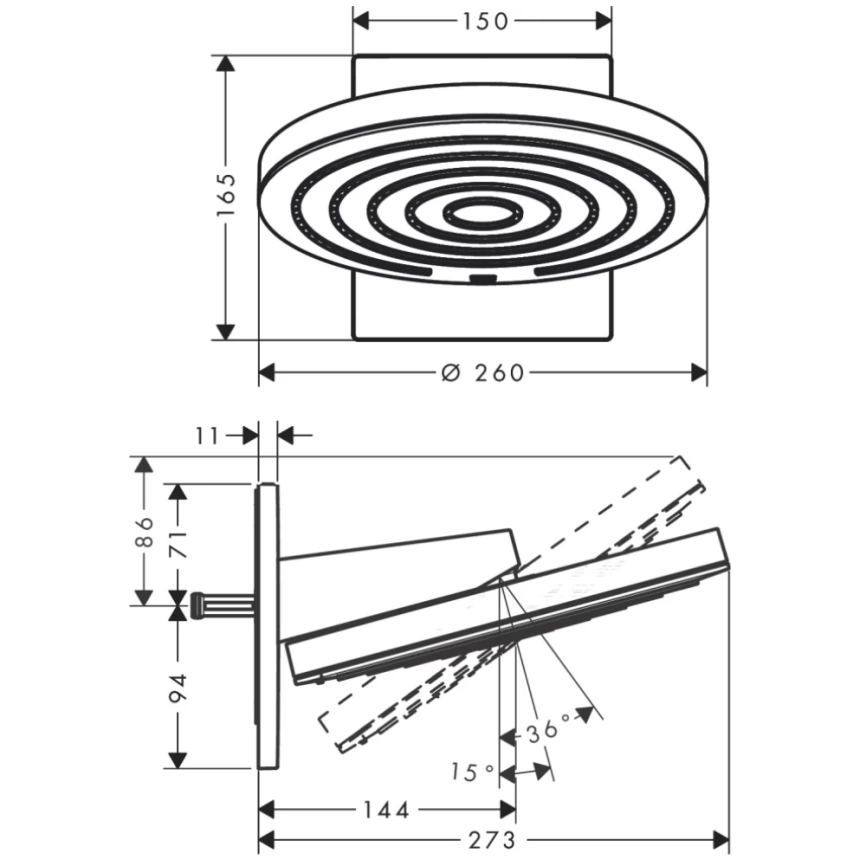 Лейка для верхнего душа Hansgrohe Pulsify 260 2jet 24150670 черная - схема