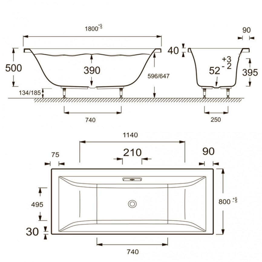 Ванна акриловая Jacob Delafon Evok 180x80 E60269RU-00 с каркасом -  схема