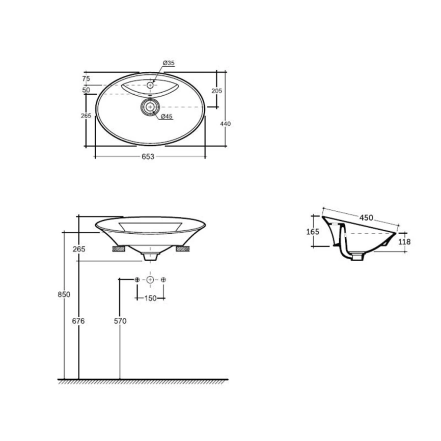Раковина на столешницу Керамин Артвин 65 белый - схема