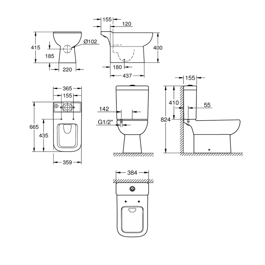 Унитаз компакт Grohe Bau Edge Ceramic 39811000 с бачком и сиденьем с микролифтом - схема