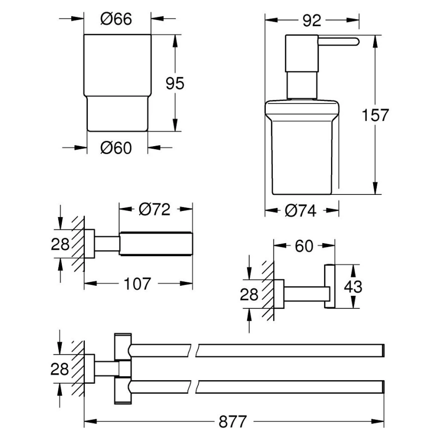 Набор аксессуаров Grohe Essentials Cube 40847001 для ванной - схема