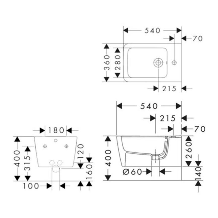 Биде подвесное Hansgrohe EluPura Q 60280450 белое - схема