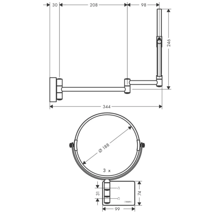 Косметическое зеркало Hansgrohe AddStoris 41791700, белое - схема