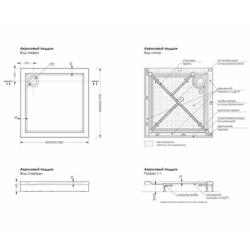 Душевой поддон акриловый Метакам Apart Black 100x100 квадратный черный - схема