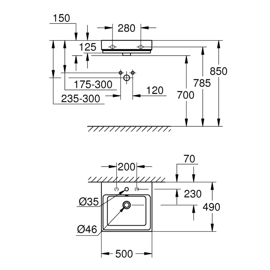 Раковина Grohe Cube Ceramic 50 см 3947400H подвесная - схема
