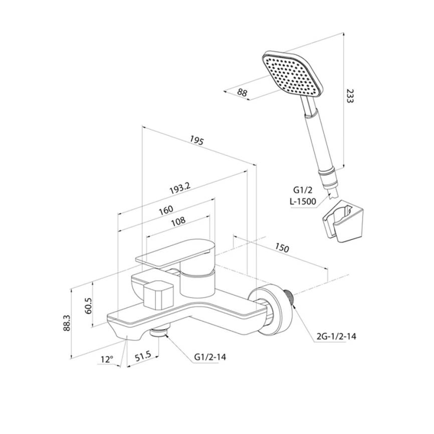 Смеситель для ванны Milardo Maze MAZBL00M02 черный с коротким изливом - схема