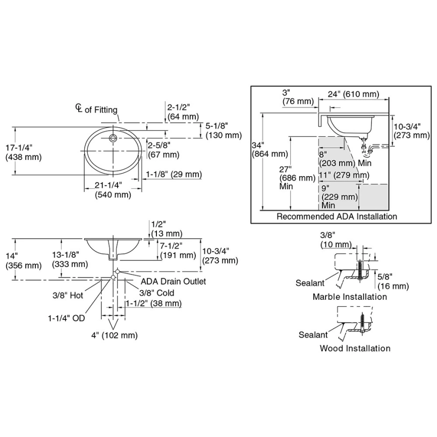 Раковина Jacob Delafon Caxton E2211-0 встраиваемая снизу, белая - схема