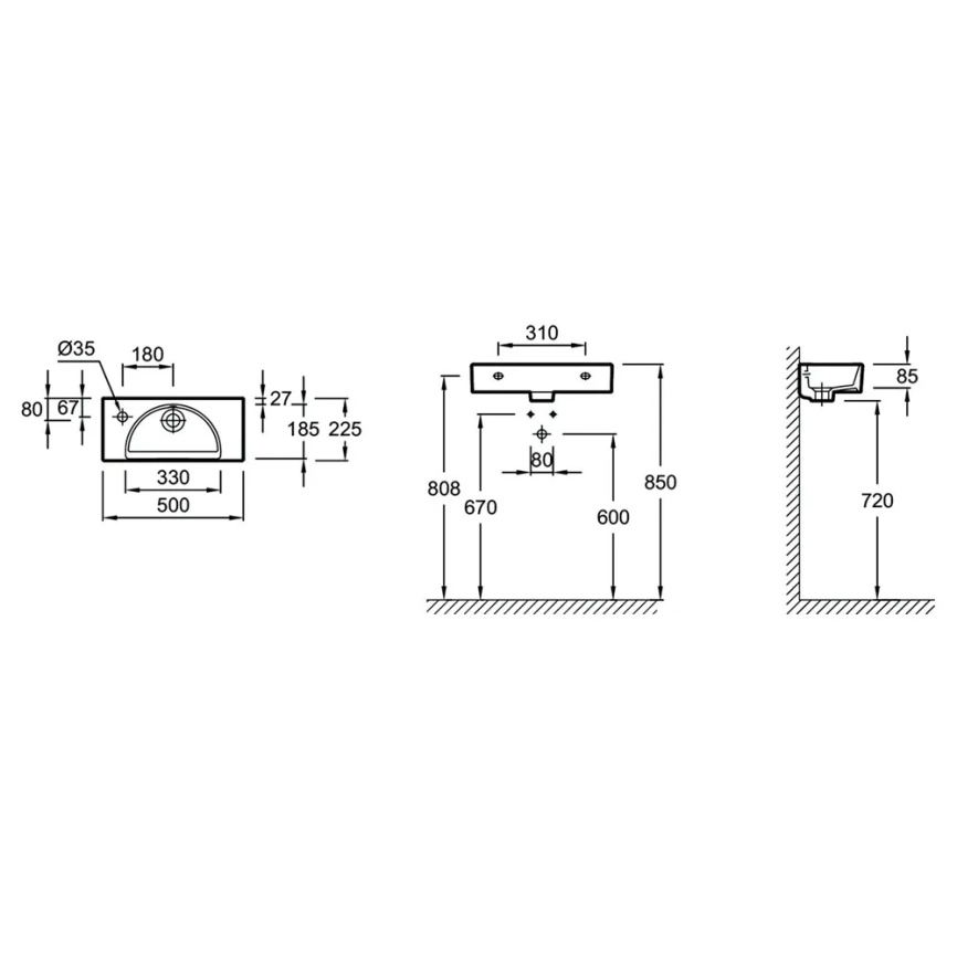 Раковина Jacob Delafon Odeon Rive Gauche EGO112-55-00, левая белая - схема
