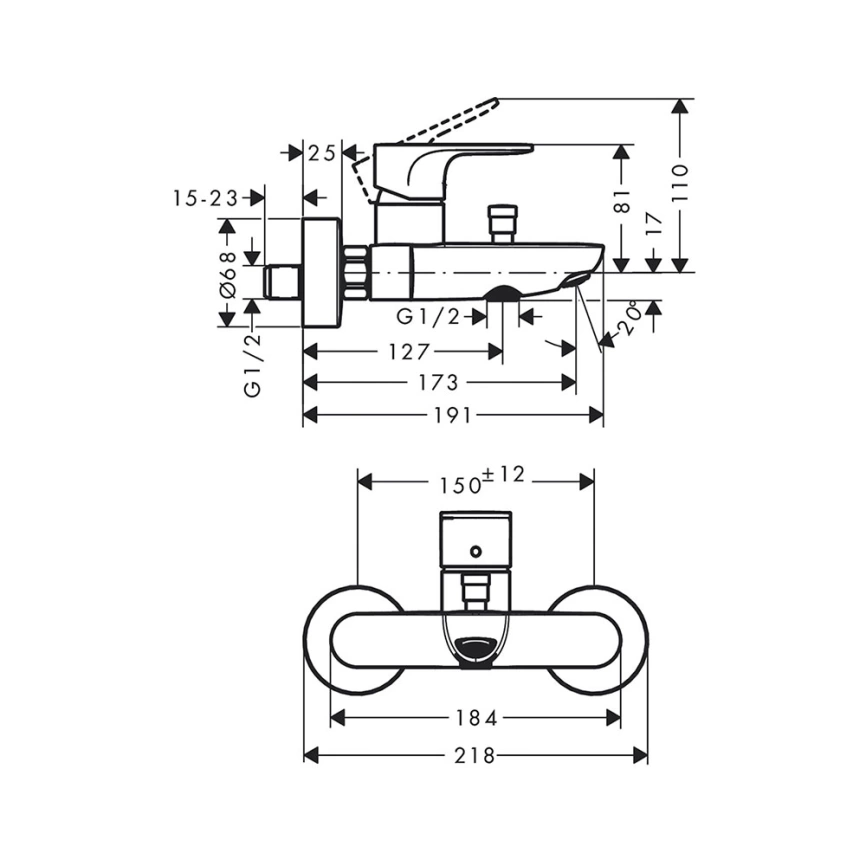 Смеситель для ванны Hansgrohe Rebris S 72440670, черный - схема