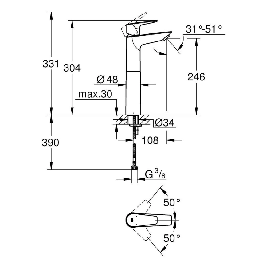 Смеситель для раковины Grohe BauEdge 23761001 хром - схема