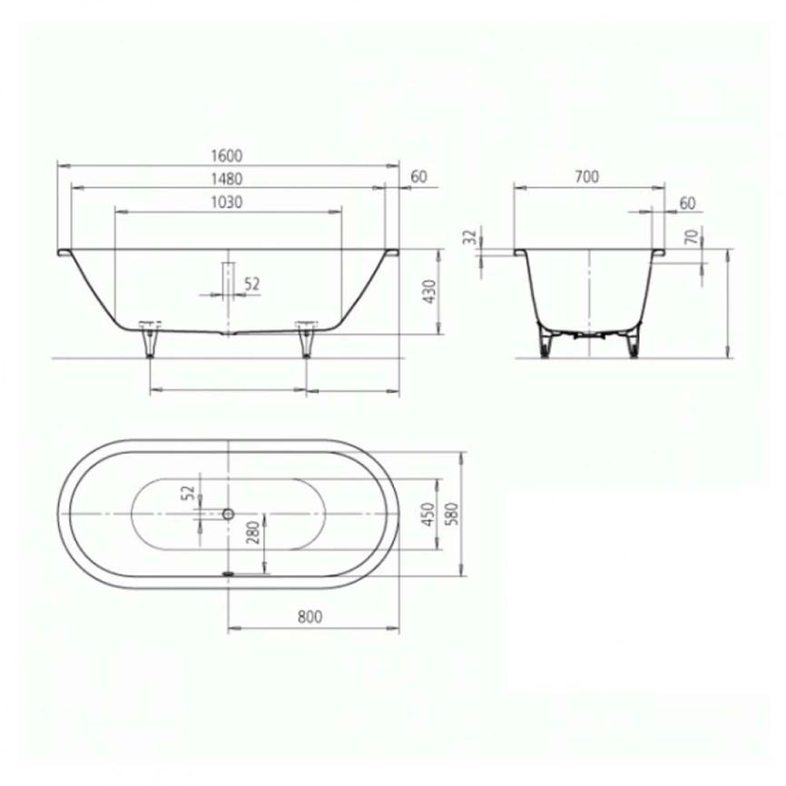 Ванна стальная Kaldewei Classic Duo Oval 112 Standard, 160x70 с ножкам - схема