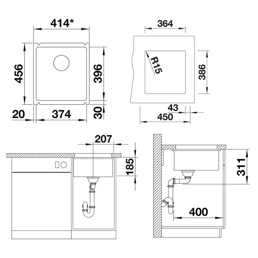 Мойка кухонная керамическая Blanco Subline 375-U 523732 черная - схема