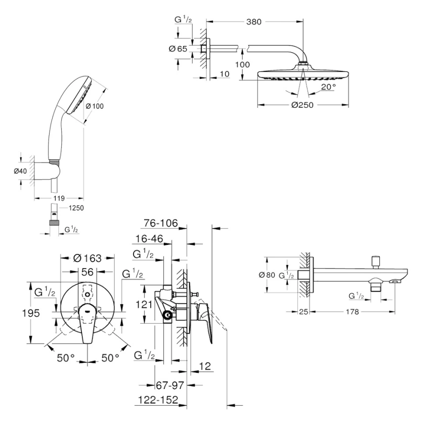 Душевой комплект Grohe Tempesta 250 1000190 хром - схема