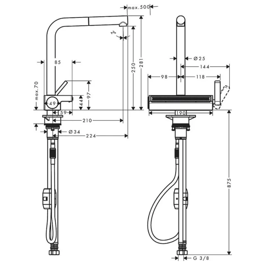 Смеситель для кухни Hansgrohe Aquno Select M81 73836800 с вытяжным душем - схема