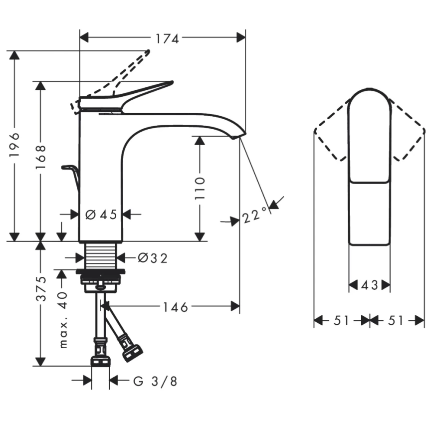 Смеситель для раковины Hansgrohe Vivenis 75020670, черный - схема